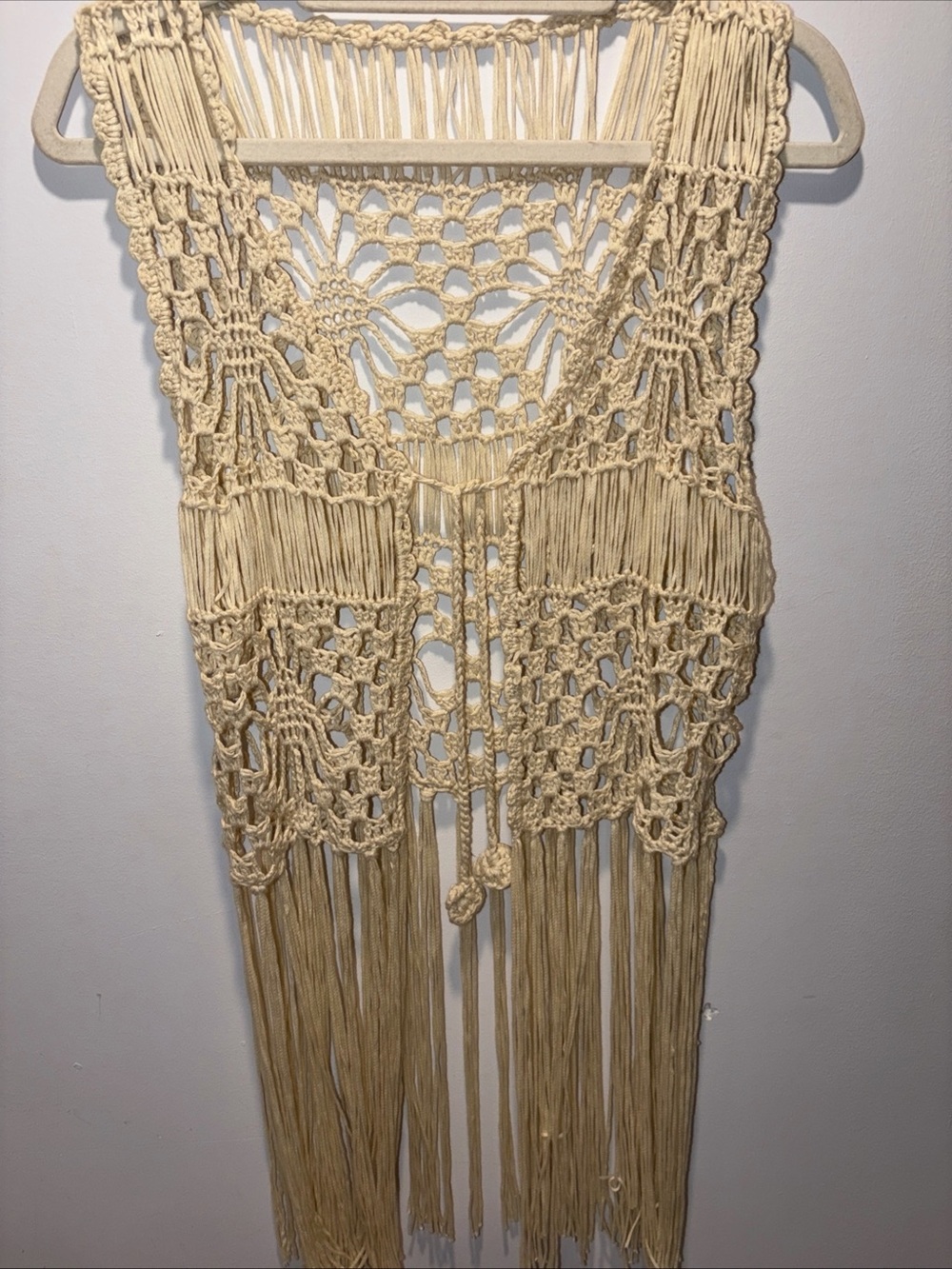 Vintage Crochet Fringe Vest Boho Hippie Festival Cover Up 70s 90s